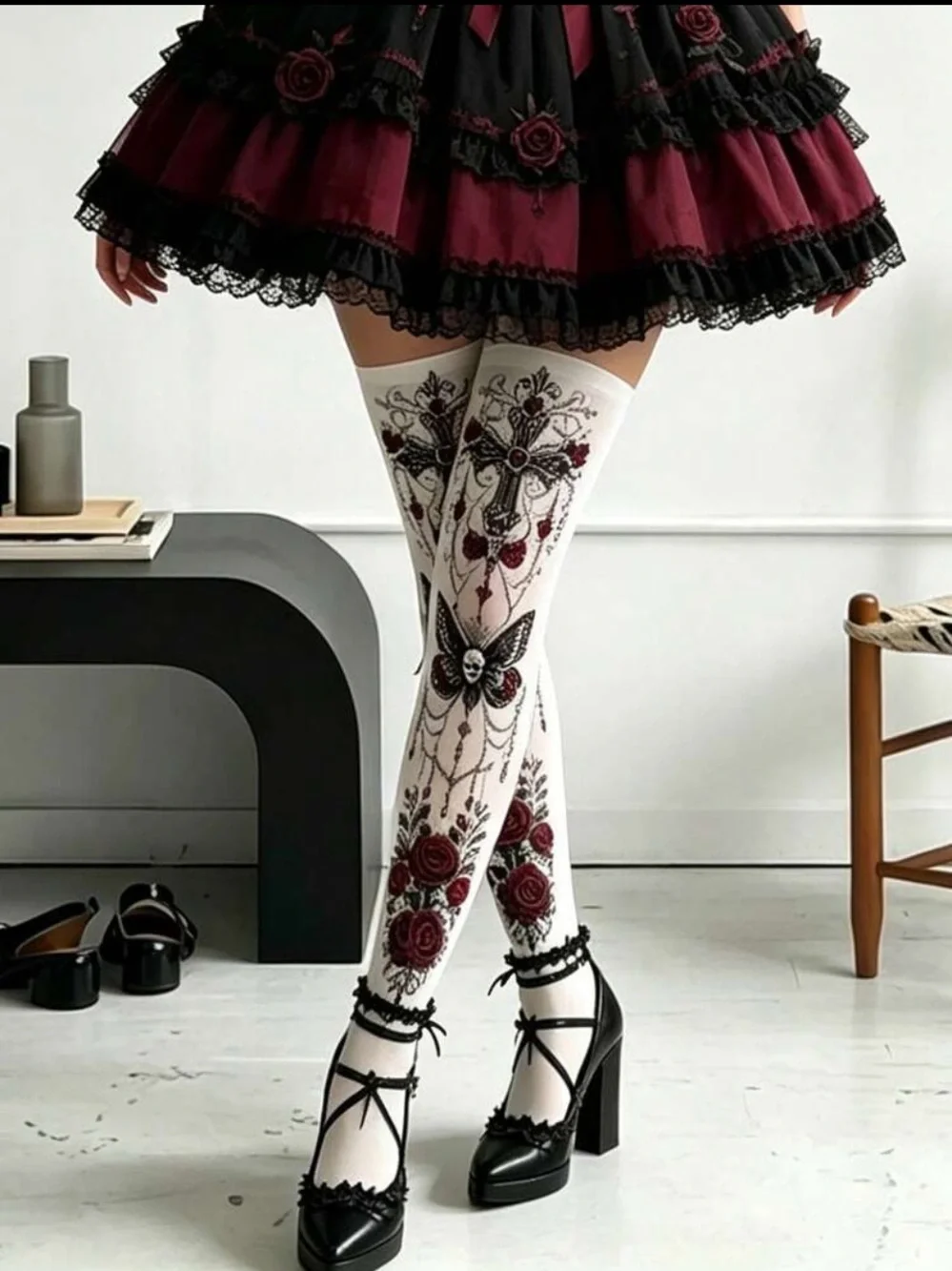 White Floral Embroidered Thigh-High Socks with Burgundy Accents